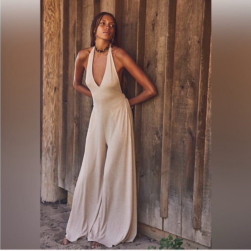 Free People Beach Leigh Halter Deep-V Wide-Leg Jumpsuit